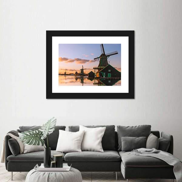 Windmills With Canal Near Amsterdam Canvas Wall Art-3 Horizontal-Gallery Wrap-25" x 16"-Tiaracle