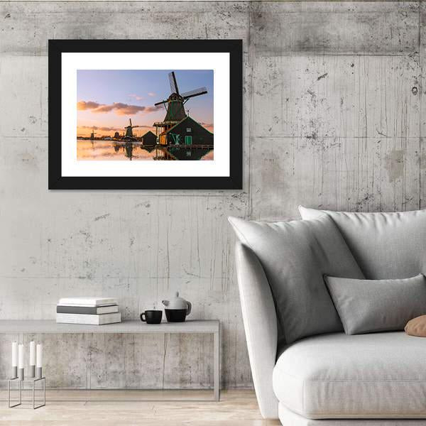 Windmills With Canal Near Amsterdam Canvas Wall Art-3 Horizontal-Gallery Wrap-25" x 16"-Tiaracle
