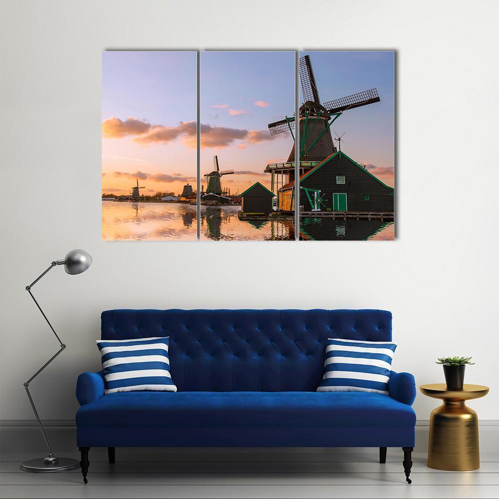 Windmills With Canal Near Amsterdam Canvas Wall Art-3 Horizontal-Gallery Wrap-37" x 24"-Tiaracle