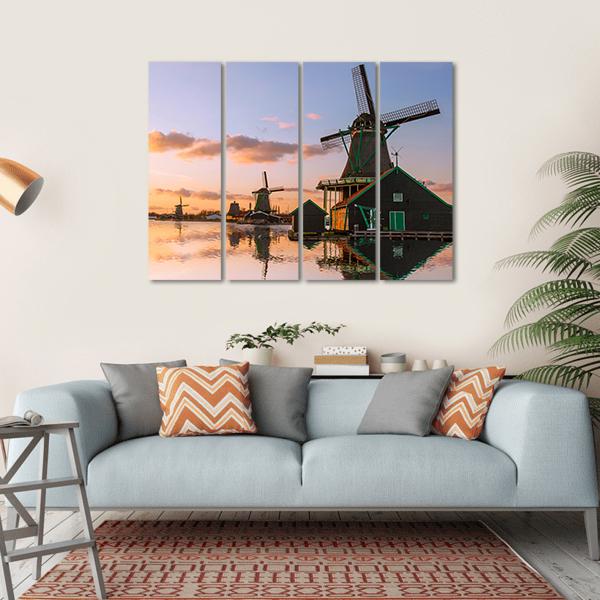 Windmills With Canal Near Amsterdam Canvas Wall Art-4 Horizontal-Gallery Wrap-34" x 24"-Tiaracle