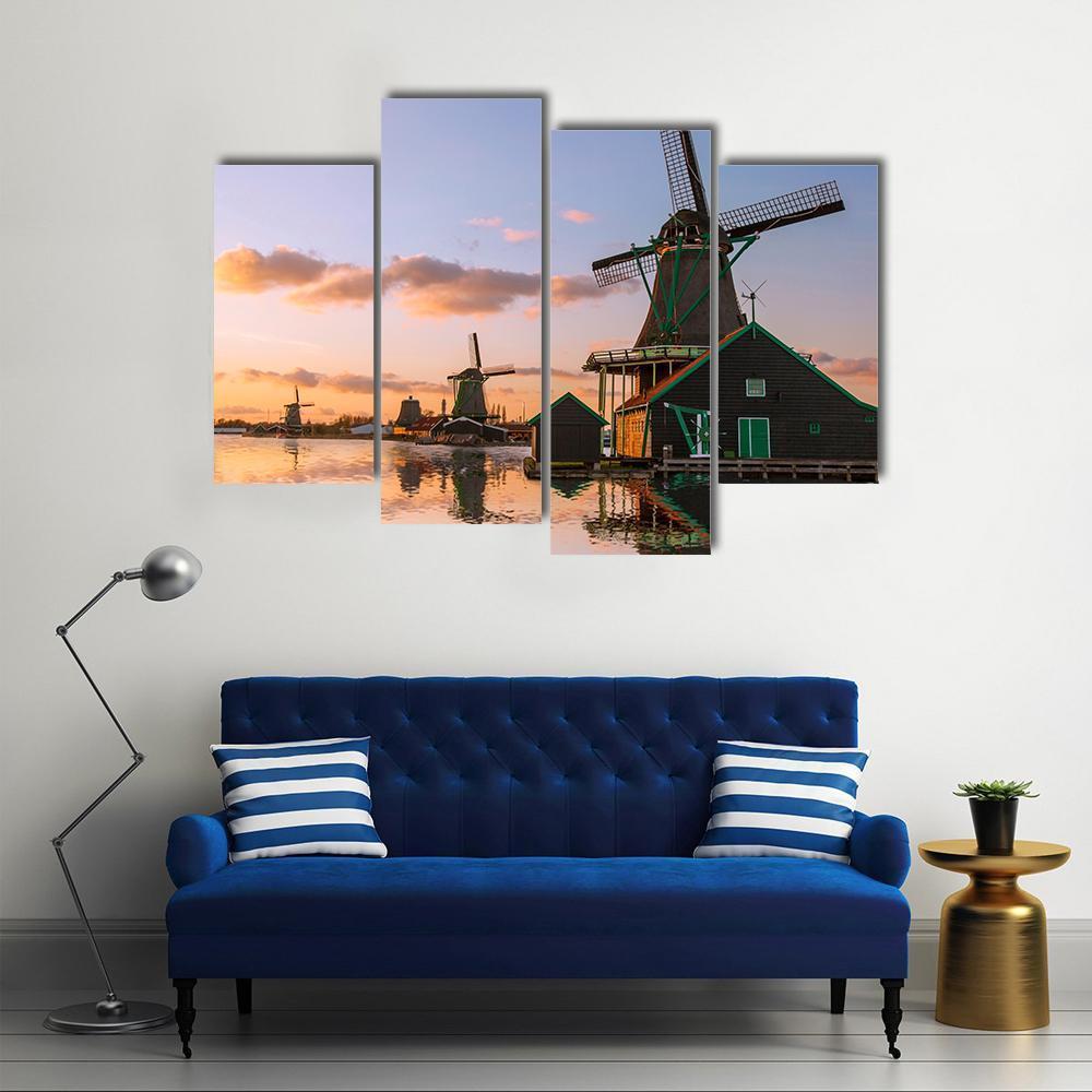 Windmills With Canal Near Amsterdam Canvas Wall Art-4 Pop-Gallery Wrap-50" x 32"-Tiaracle