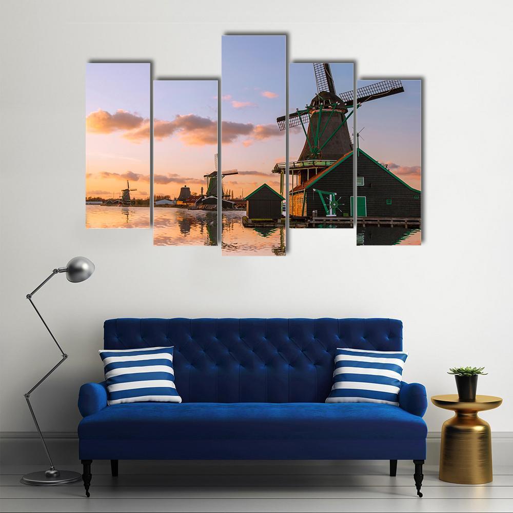 Windmills With Canal Near Amsterdam Canvas Wall Art-5 Pop-Gallery Wrap-47" x 32"-Tiaracle