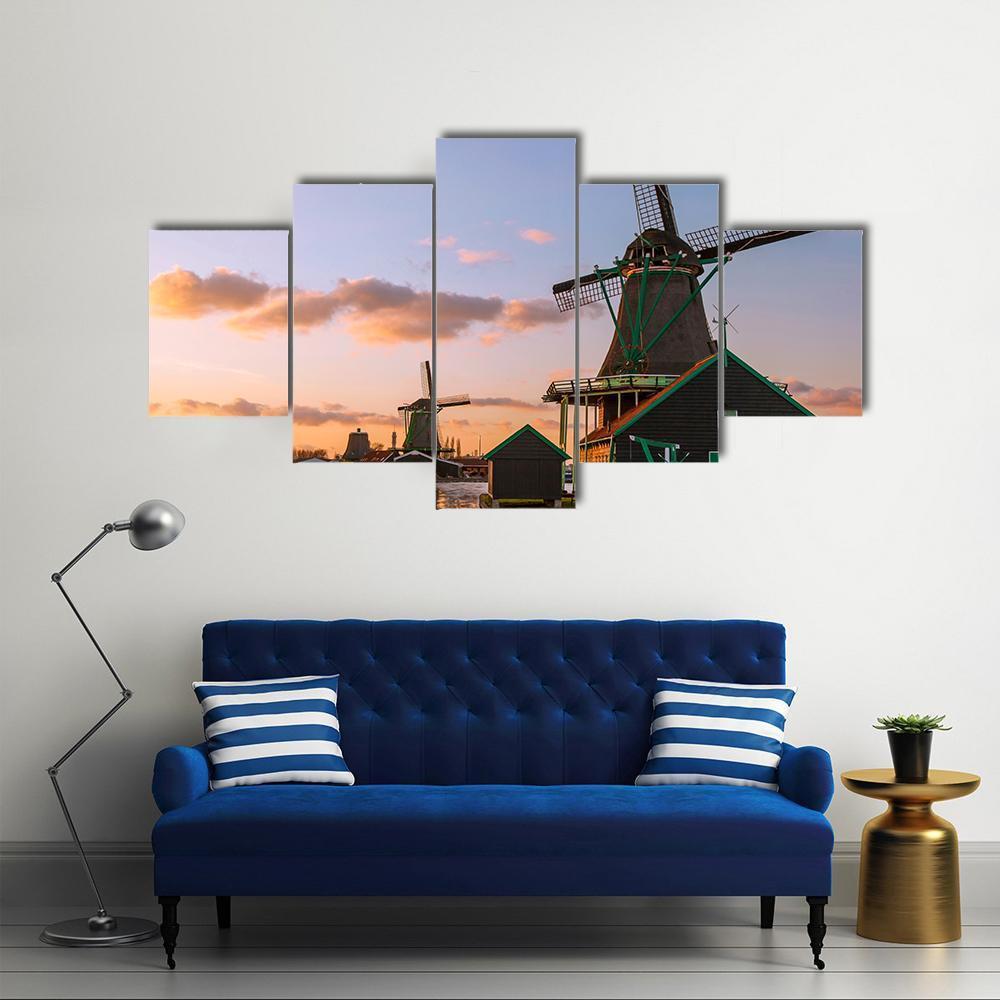 Windmills With Canal Near Amsterdam Canvas Wall Art-5 Star-Gallery Wrap-62" x 32"-Tiaracle