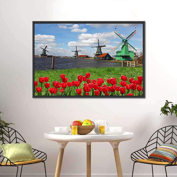 Windmills With Red Tulips Canvas Wall Art-1 Piece-Floating Frame-24" x 16"-Tiaracle