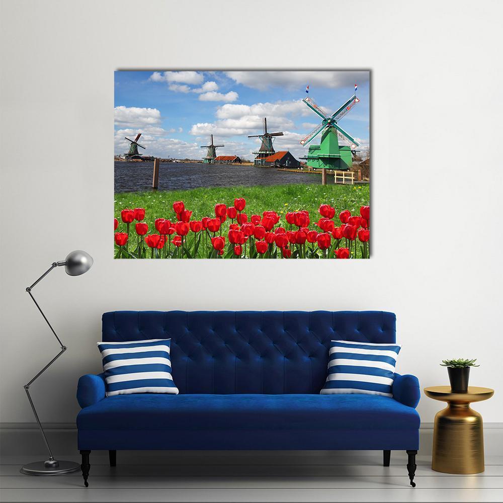 Windmills With Red Tulips Canvas Wall Art-1 Piece-Gallery Wrap-36" x 24"-Tiaracle