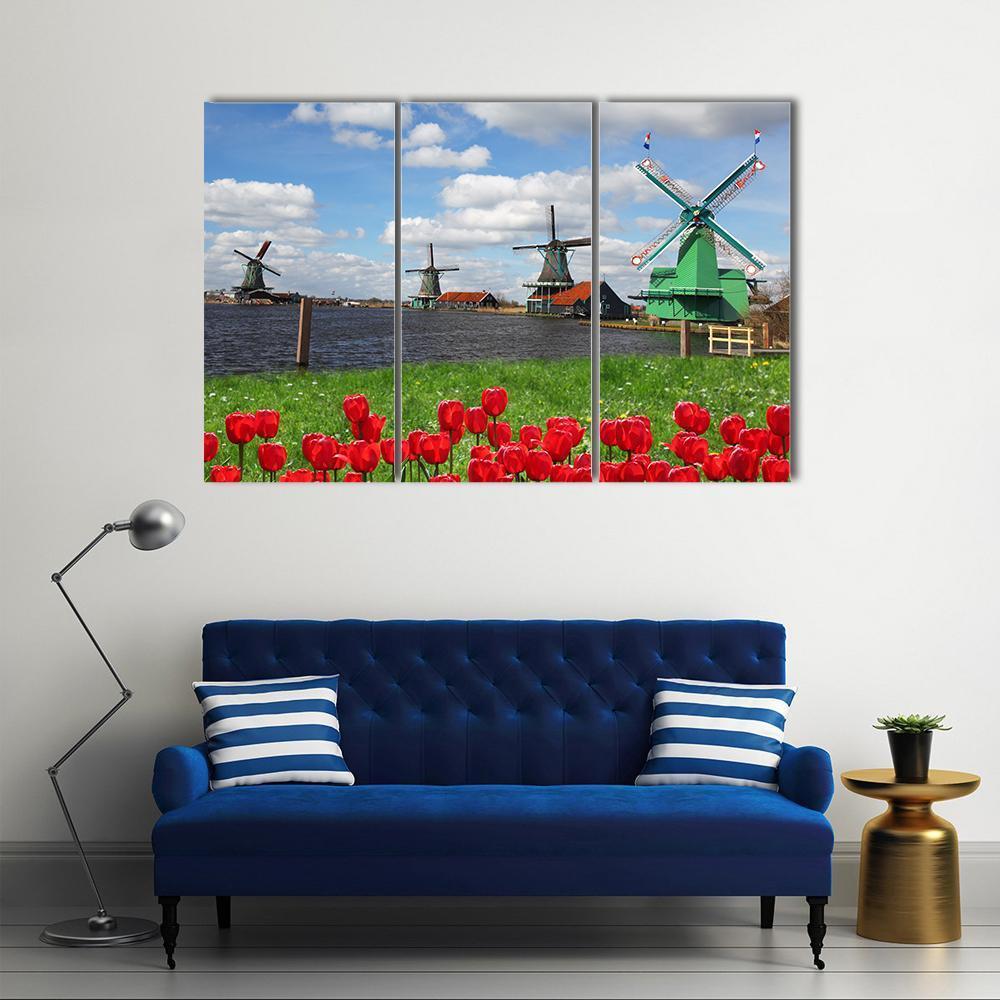 Windmills With Red Tulips Canvas Wall Art-3 Horizontal-Gallery Wrap-37" x 24"-Tiaracle