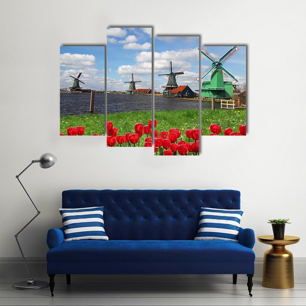 Windmills With Red Tulips Canvas Wall Art-4 Pop-Gallery Wrap-50" x 32"-Tiaracle