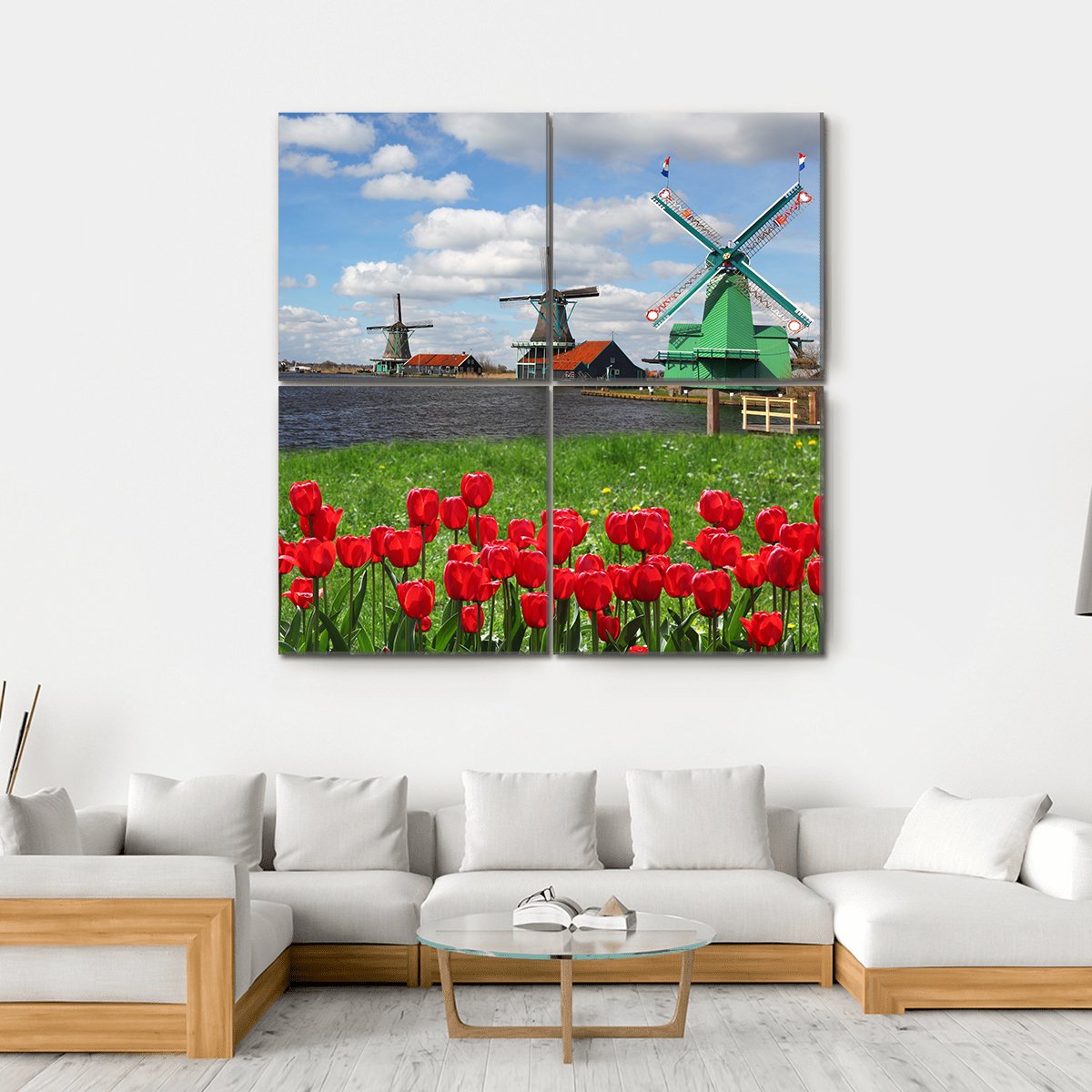 Windmills With Red Tulips Canvas Wall Art-4 Square-Gallery Wrap-17" x 17"-Tiaracle