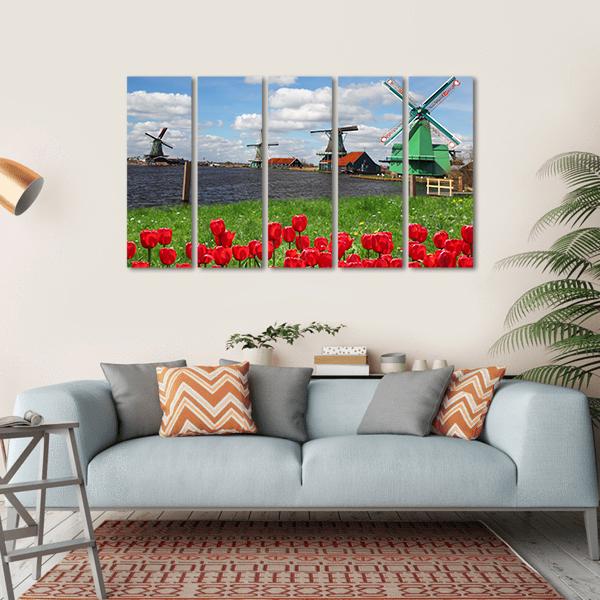 Windmills With Red Tulips Canvas Wall Art-5 Horizontal-Gallery Wrap-22" x 12"-Tiaracle