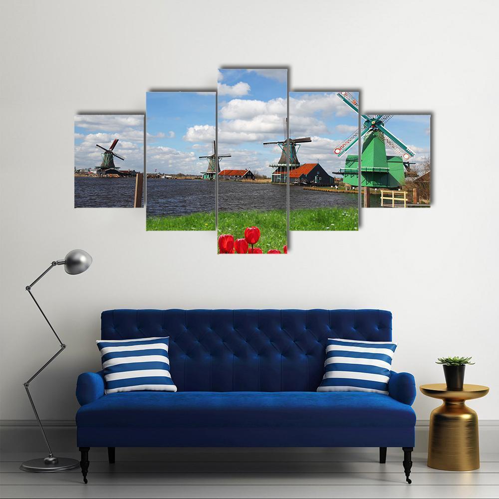 Windmills With Red Tulips Canvas Wall Art-5 Star-Gallery Wrap-62" x 32"-Tiaracle