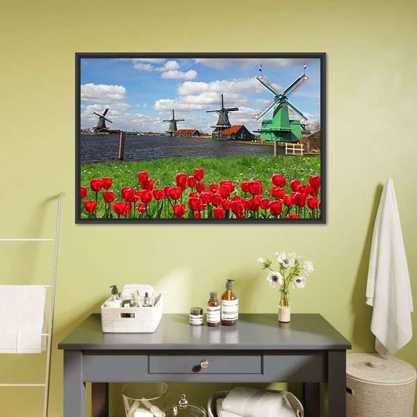 Windmills With Red Tulips Canvas Wall Art-3 Horizontal-Gallery Wrap-25" x 16"-Tiaracle