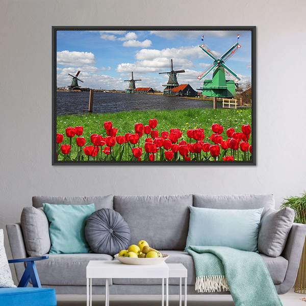 Windmills With Red Tulips Canvas Wall Art-3 Horizontal-Gallery Wrap-25" x 16"-Tiaracle