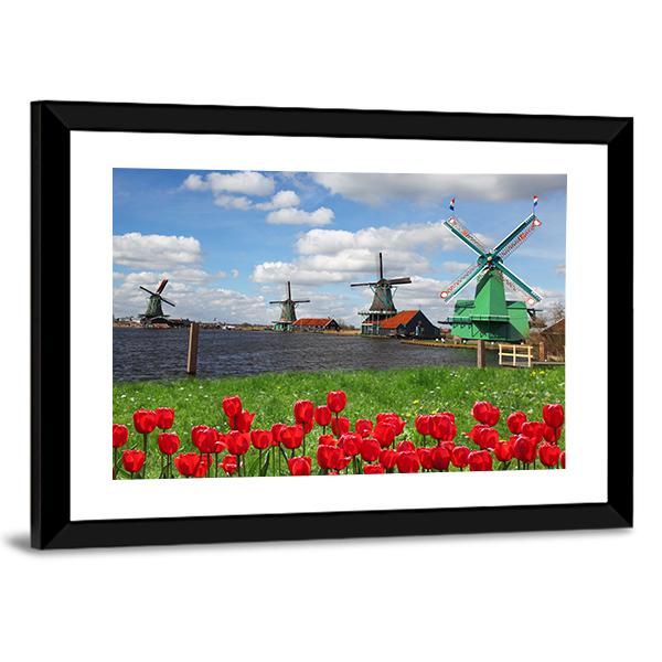 Windmills With Red Tulips Canvas Wall Art-3 Horizontal-Gallery Wrap-25" x 16"-Tiaracle