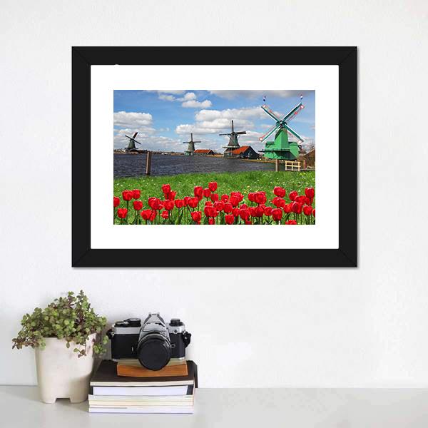 Windmills With Red Tulips Canvas Wall Art-3 Horizontal-Gallery Wrap-25" x 16"-Tiaracle