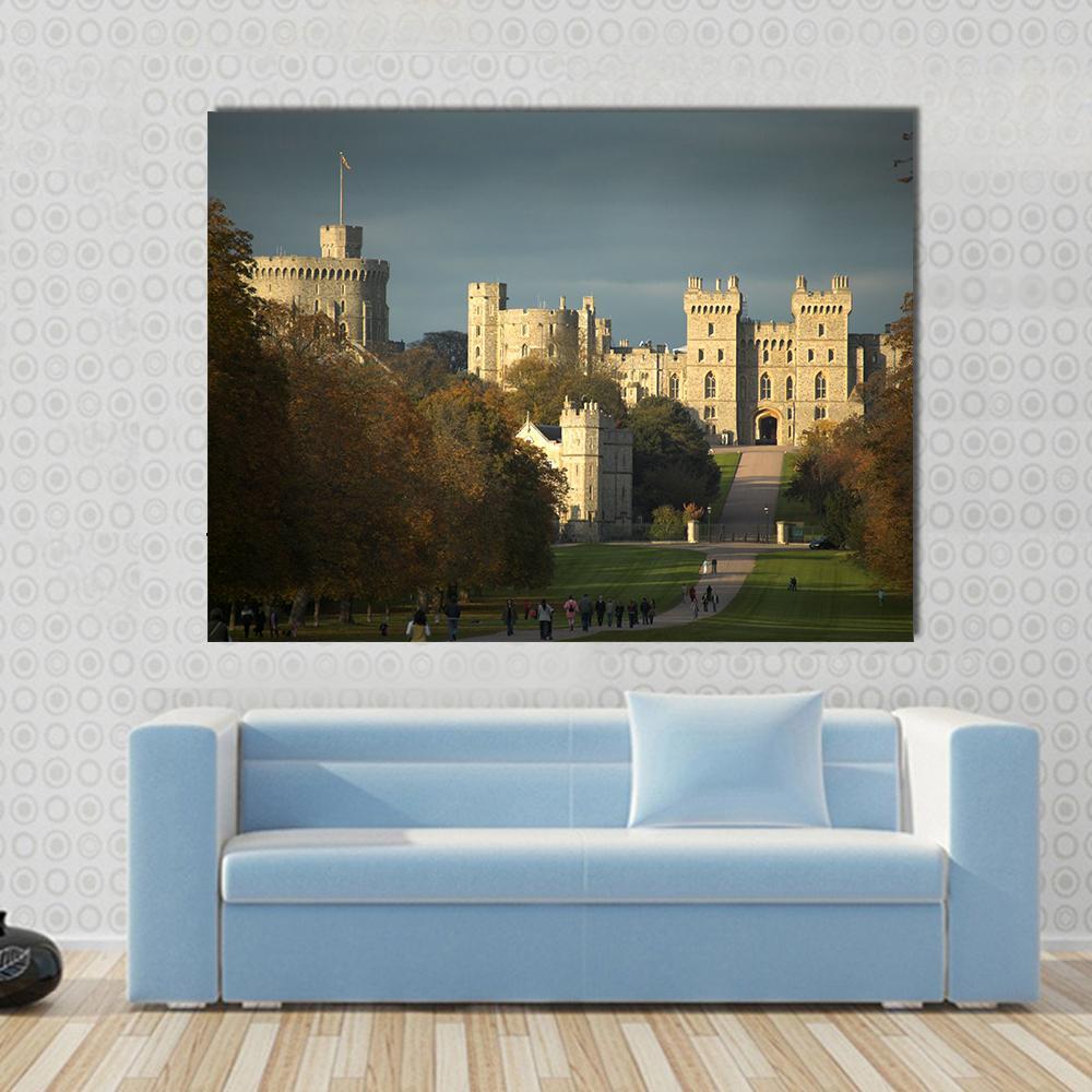 Windsor Castle at Golden Hour Canvas Wall Art in gray, gold and green, single panel hung on a wall