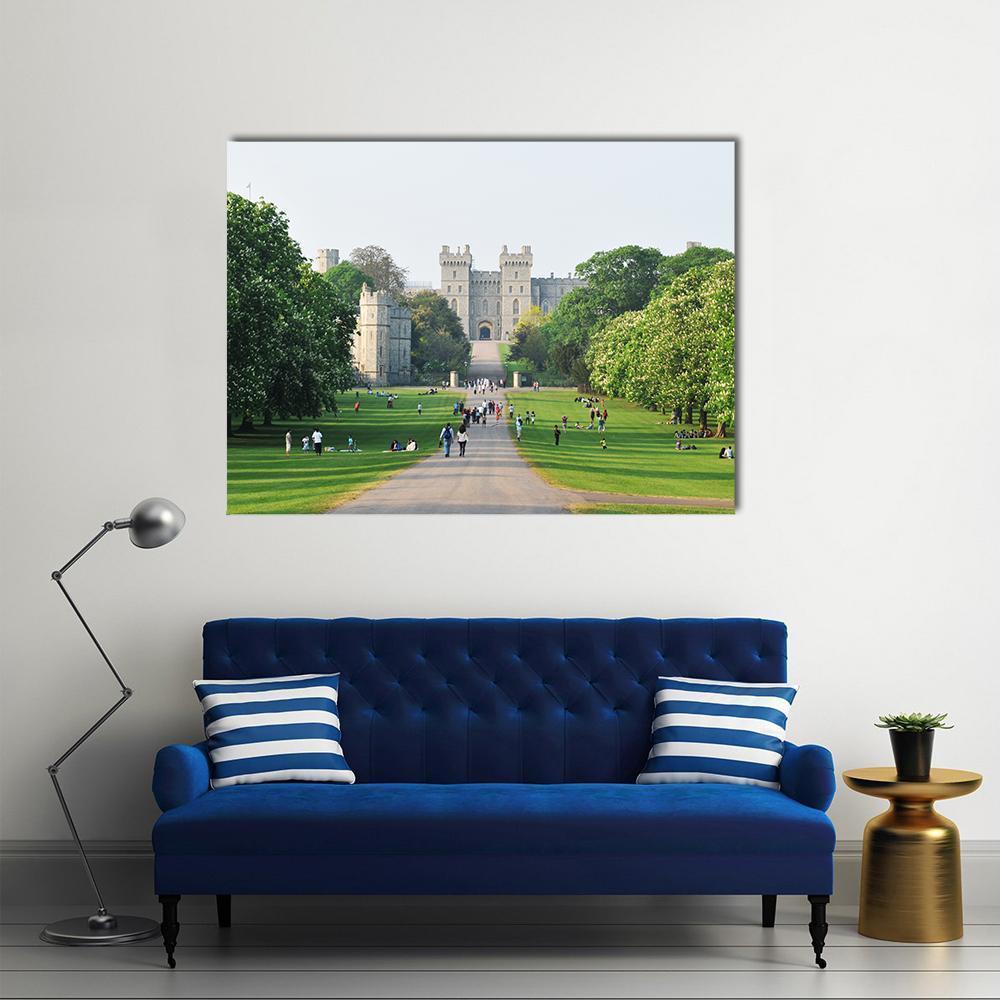 The Long Walk at Windsor Castle Canvas Wall Art in white, gray and green, single panel hung on a wall