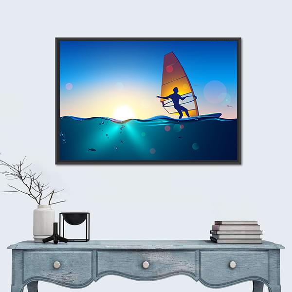 Sunset Windsurfing Scene Canvas Wall Art in orange, yellow and blue, framed canvas, product view on a white background