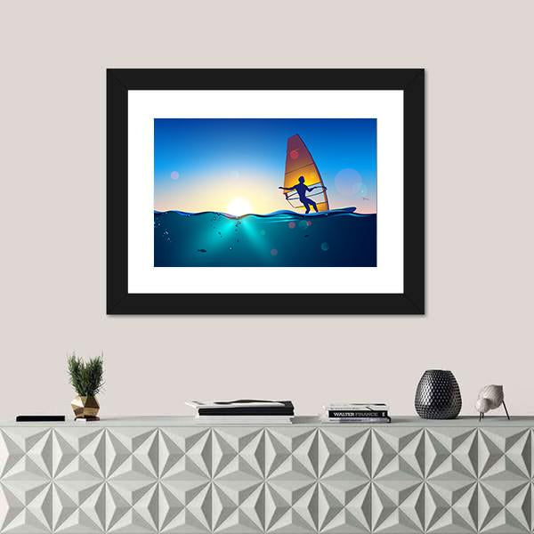 Windsurfing On Sea Landscape Canvas Wall Art-1 Piece-Framed Print-20&quot; x 16&quot;-Tiaracle