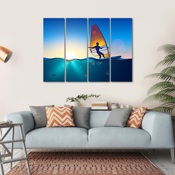Windsurfing On Sea Landscape Canvas Wall Art-4 Horizontal-Gallery Wrap-34" x 24"-Tiaracle