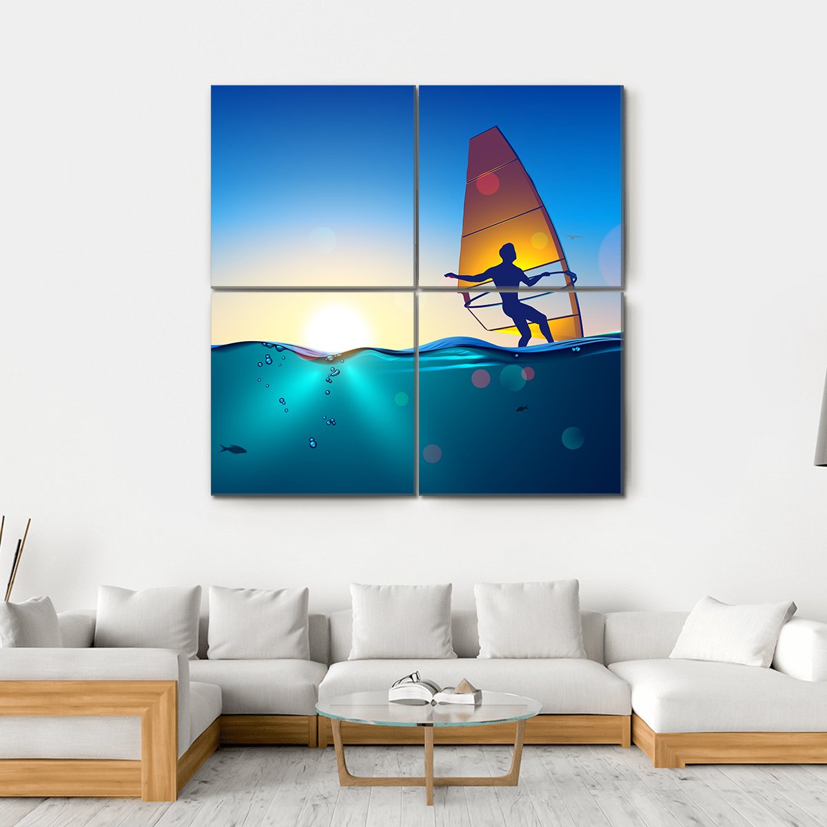 Split-view Windsurfer at Sunset Canvas Wall Art in orange, yellow and blue, hung on a wall