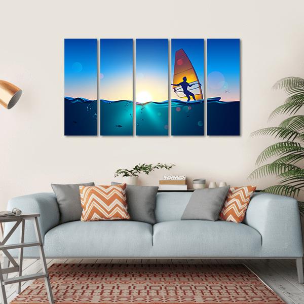 Split-view Windsurfer at Sunset Canvas Wall Art in orange, yellow and blue, hung on a wall