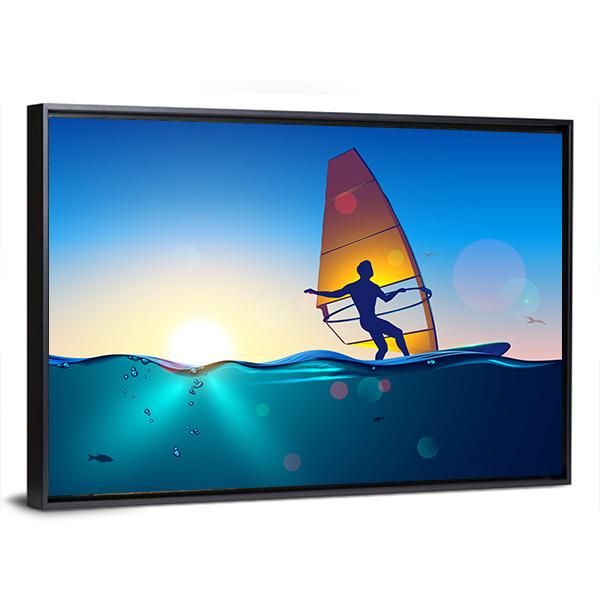 Windsurfing On Sea Landscape Canvas Wall Art-3 Horizontal-Gallery Wrap-25" x 16"-Tiaracle