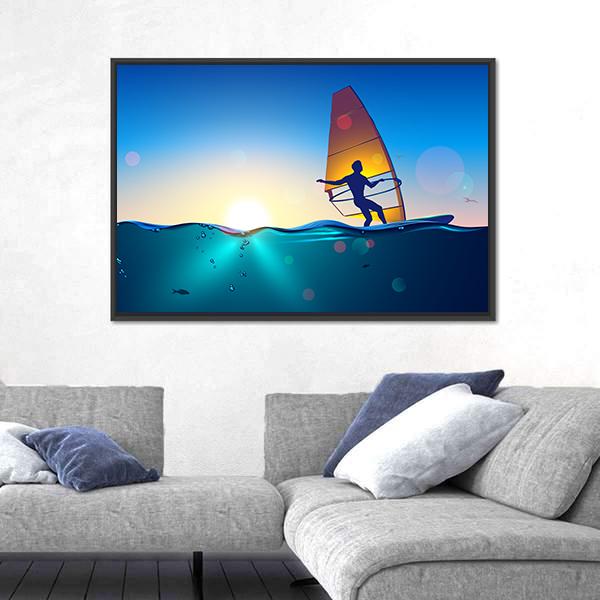 Windsurfing On Sea Landscape Canvas Wall Art-3 Horizontal-Gallery Wrap-25&quot; x 16&quot;-Tiaracle
