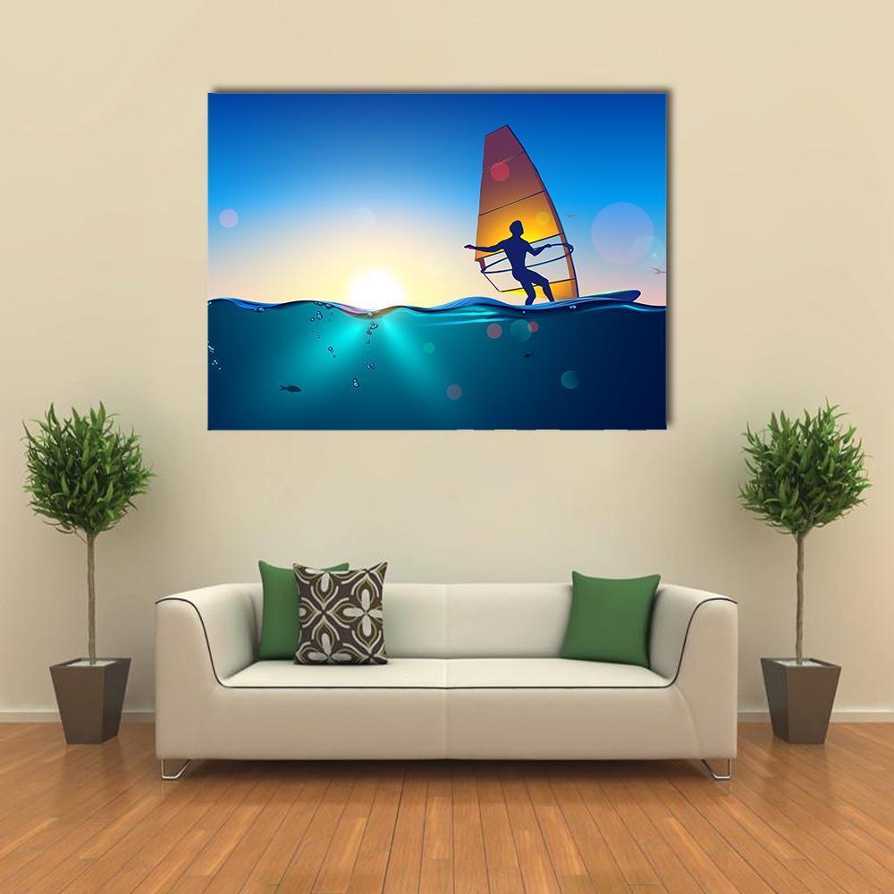 Windsurfing On Sea Landscape Canvas Wall Art-1 Piece-Gallery Wrap-48" x 32"-Tiaracle