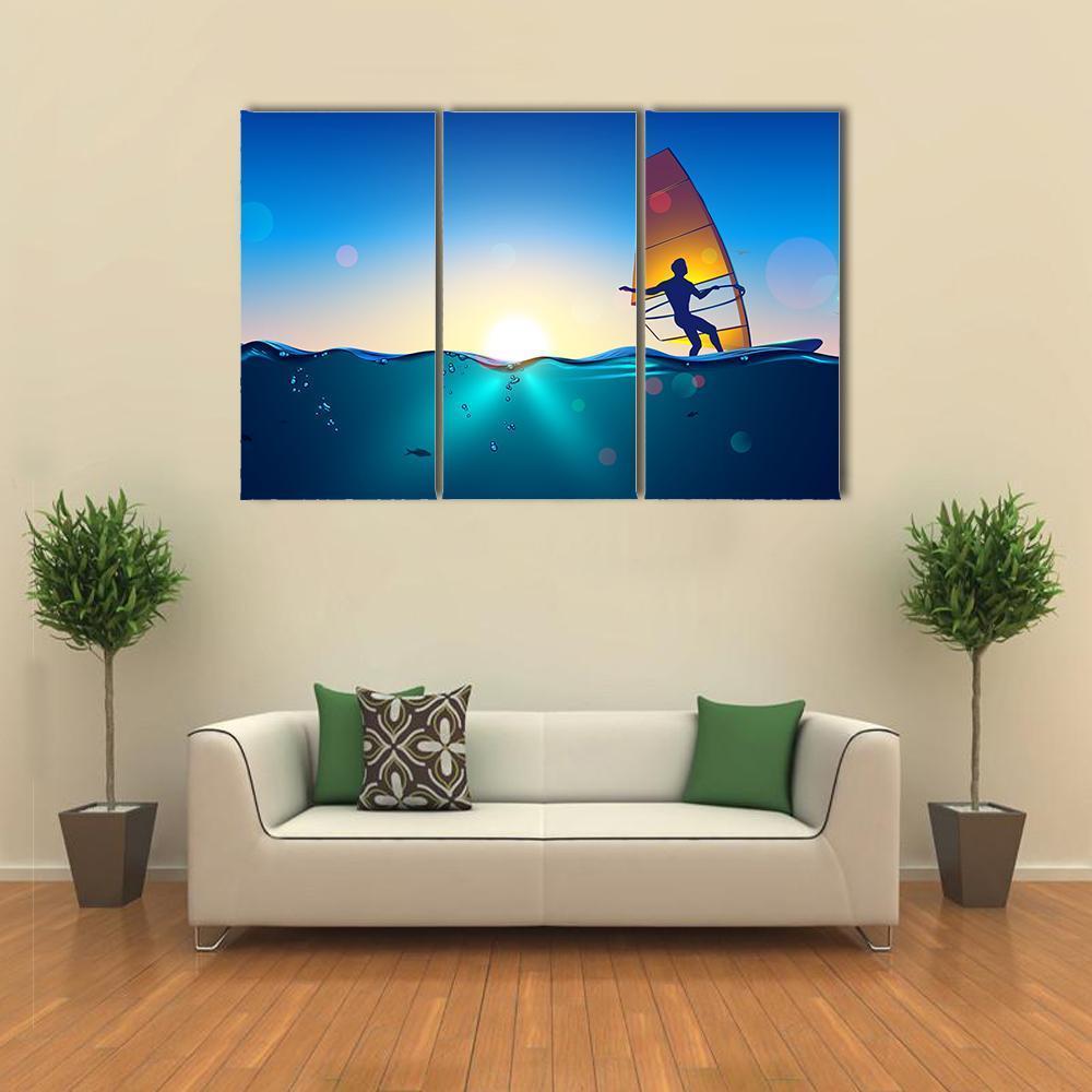 Windsurfing On Sea Landscape Canvas Wall Art-3 Horizontal-Gallery Wrap-37&quot; x 24&quot;-Tiaracle