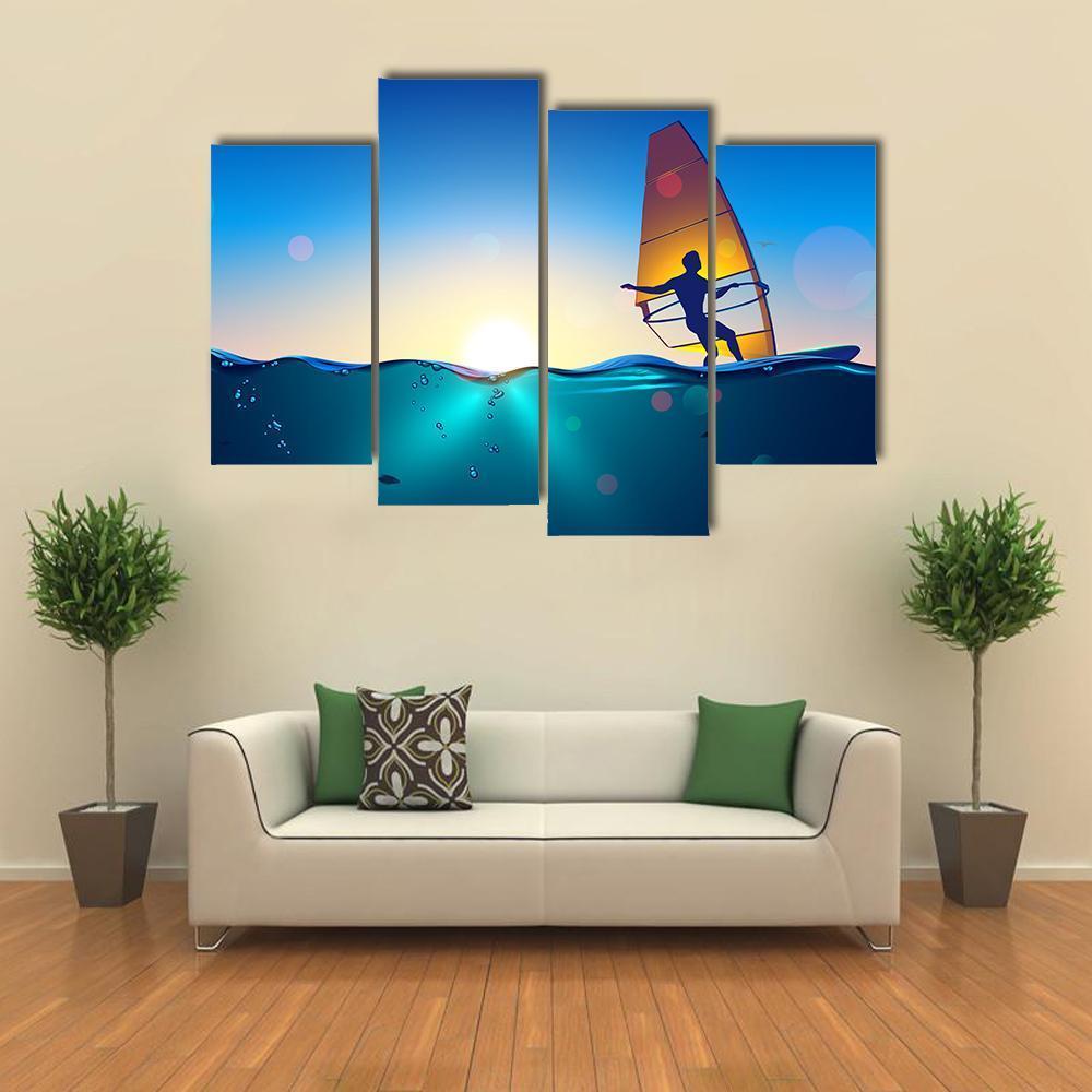 Windsurfing On Sea Landscape Canvas Wall Art-4 Pop-Gallery Wrap-50&quot; x 32&quot;-Tiaracle