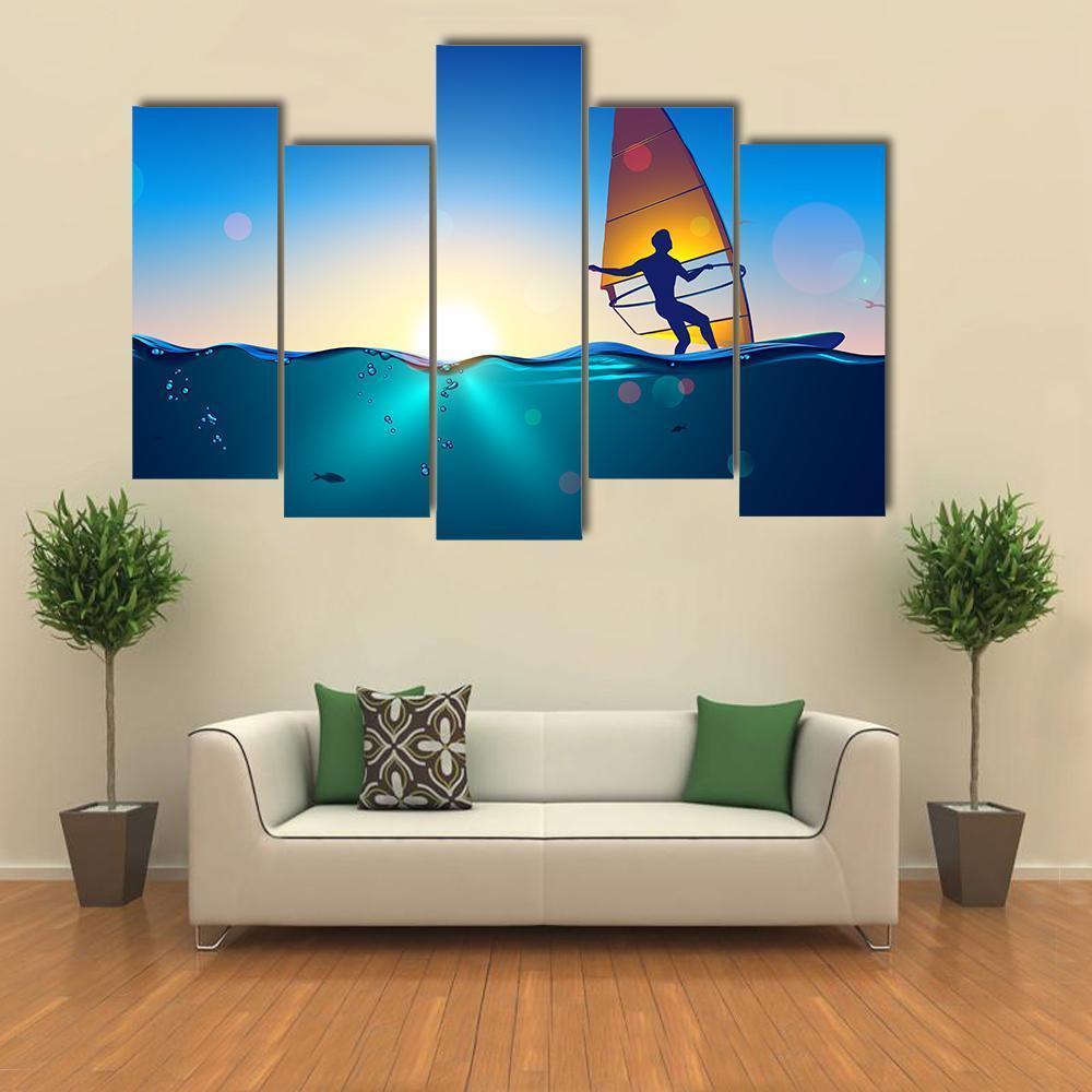Windsurfing On Sea Landscape Canvas Wall Art-5 Pop-Gallery Wrap-47&quot; x 32&quot;-Tiaracle
