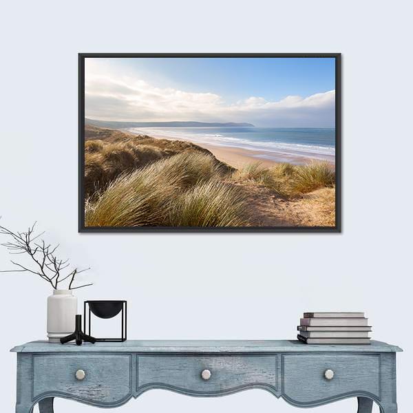 Windswept Grass On Sand Dunes Canvas Wall Art-1 Piece-Floating Frame-24" x 16"-Tiaracle