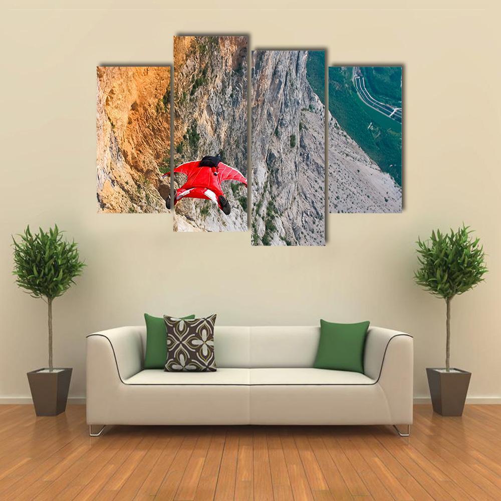 Wingsuit Base Jumper Jumps Off A Cliff Canvas Wall Art-4 Pop-Gallery Wrap-50" x 32"-Tiaracle