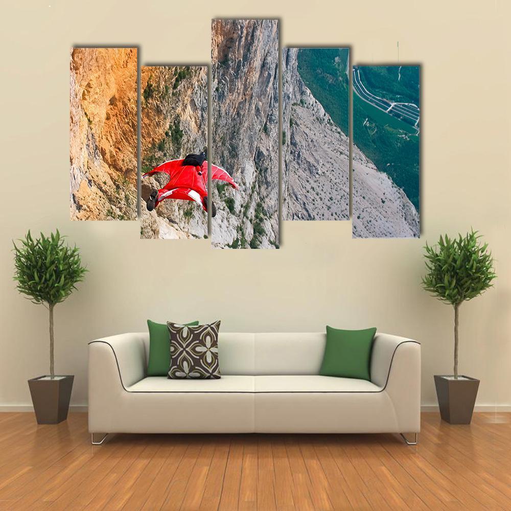 Wingsuit Base Jumper Jumps Off A Cliff Canvas Wall Art-5 Pop-Gallery Wrap-47" x 32"-Tiaracle