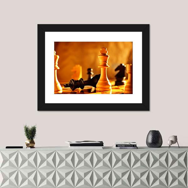 Winner And Loser In A Game Of Chess With Focus To The Two Kings Canvas Wall Art-1 Piece-Framed Print-20&quot; x 16&quot;-Tiaracle