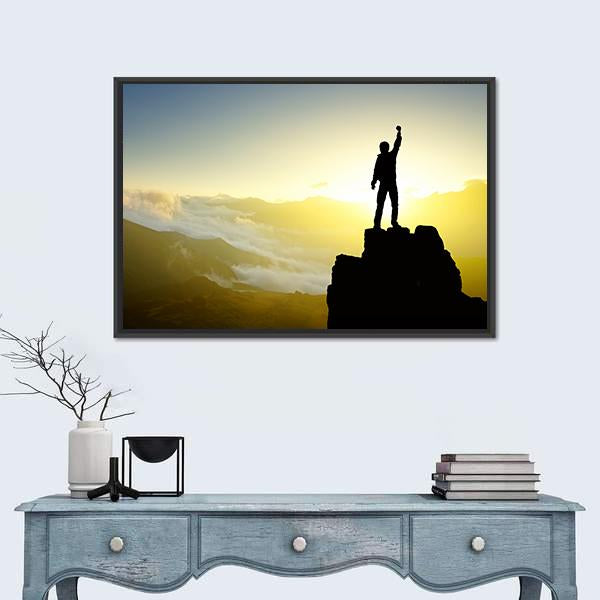 Winner Silhouette On Mountain Top After Success Canvas Wall Art-1 Piece-Floating Frame-24" x 16"-Tiaracle