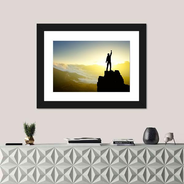 Winner Silhouette On Mountain Top After Success Canvas Wall Art-1 Piece-Framed Print-20" x 16"-Tiaracle