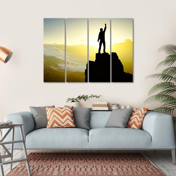 Winner Silhouette On Mountain Top After Success Canvas Wall Art-4 Horizontal-Gallery Wrap-34" x 24"-Tiaracle