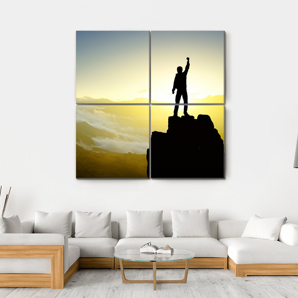 Winner Silhouette On Mountain Top After Success Canvas Wall Art-4 Square-Gallery Wrap-17" x 17"-Tiaracle