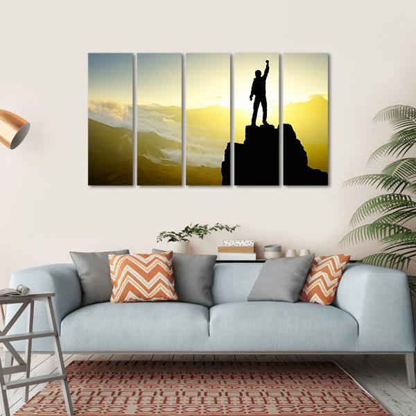 Winner Silhouette On Mountain Top After Success Canvas Wall Art-5 Horizontal-Gallery Wrap-22" x 12"-Tiaracle