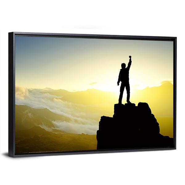 Winner Silhouette On Mountain Top After Success Canvas Wall Art-3 Horizontal-Gallery Wrap-25" x 16"-Tiaracle