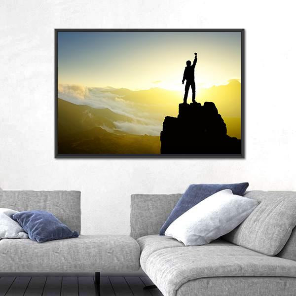 Winner Silhouette On Mountain Top After Success Canvas Wall Art-5 Horizontal-Gallery Wrap-22" x 12"-Tiaracle