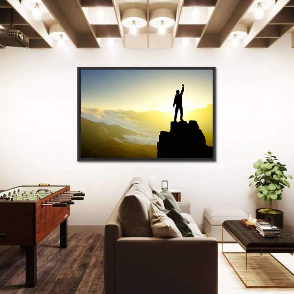 Winner Silhouette On Mountain Top After Success Canvas Wall Art-3 Horizontal-Gallery Wrap-25" x 16"-Tiaracle