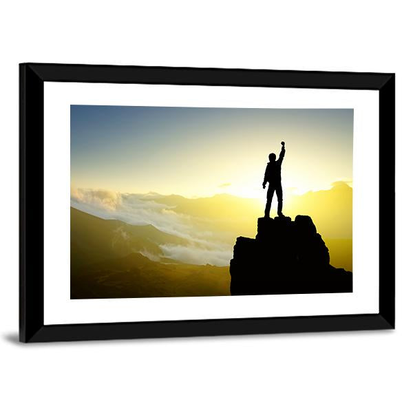 Winner Silhouette On Mountain Top After Success Canvas Wall Art-3 Horizontal-Gallery Wrap-25" x 16"-Tiaracle