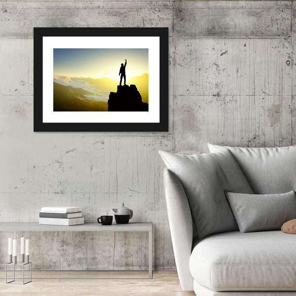 Winner Silhouette On Mountain Top After Success Canvas Wall Art-3 Horizontal-Gallery Wrap-25" x 16"-Tiaracle