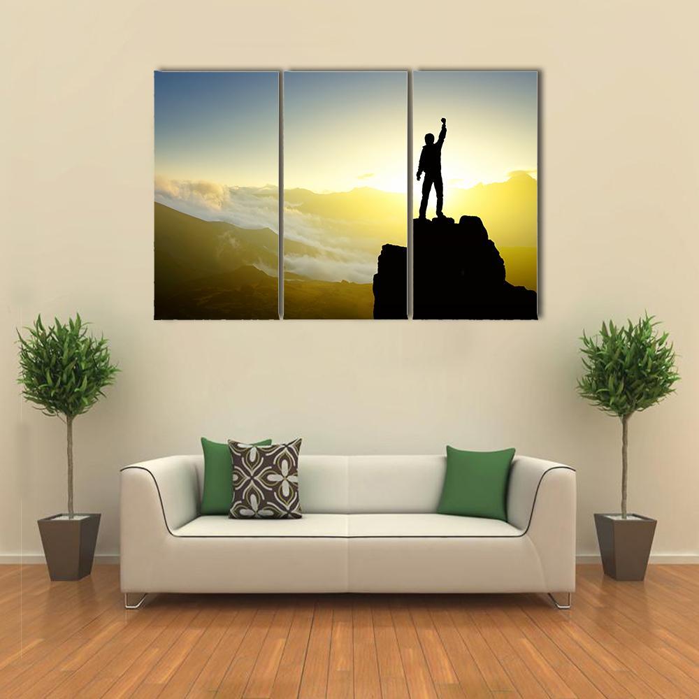 Winner Silhouette On Mountain Top After Success Canvas Wall Art-3 Horizontal-Gallery Wrap-37" x 24"-Tiaracle