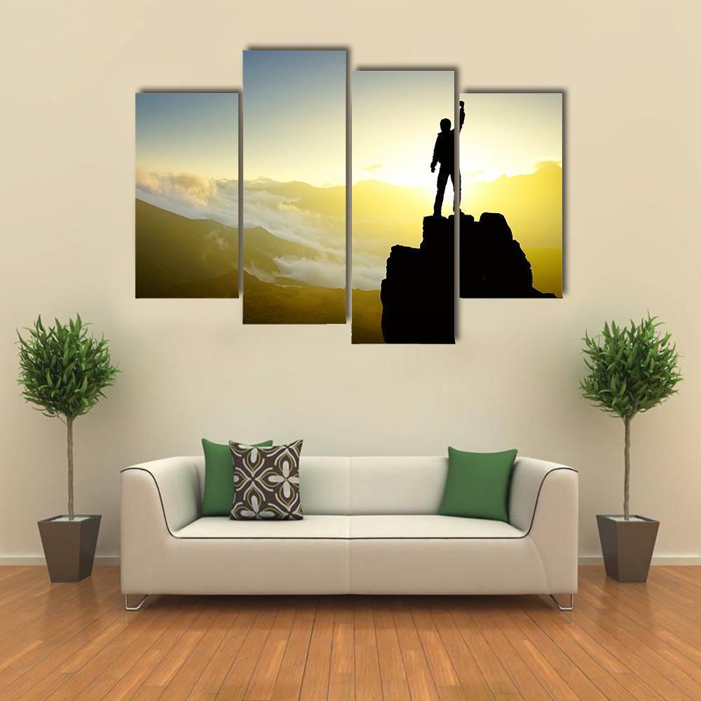 Winner Silhouette On Mountain Top After Success Canvas Wall Art-4 Pop-Gallery Wrap-50" x 32"-Tiaracle
