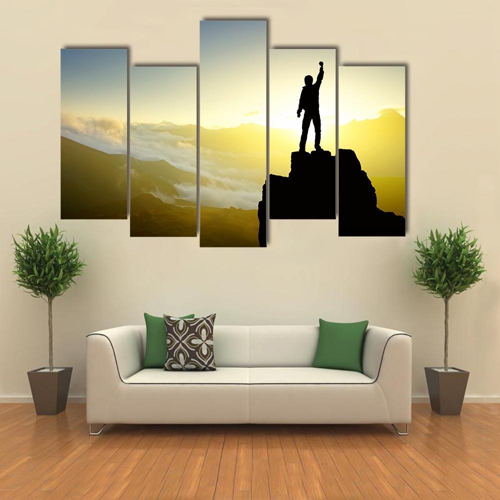 Winner Silhouette On Mountain Top After Success Canvas Wall Art-5 Pop-Gallery Wrap-47" x 32"-Tiaracle