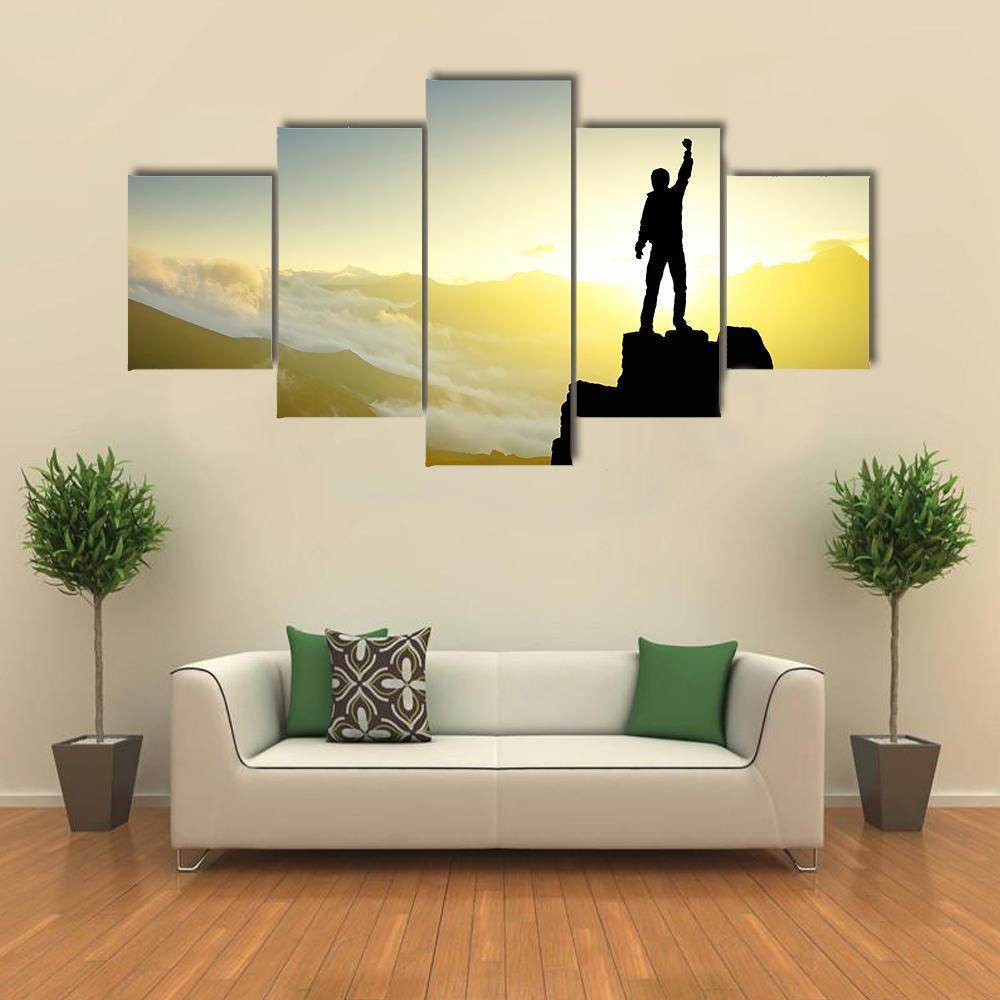 Winner Silhouette On Mountain Top After Success Canvas Wall Art-5 Star-Gallery Wrap-62" x 32"-Tiaracle