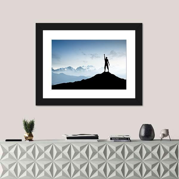 Winner Silhouette On The Mountain Top Canvas Wall Art-1 Piece-Framed Print-20" x 16"-Tiaracle